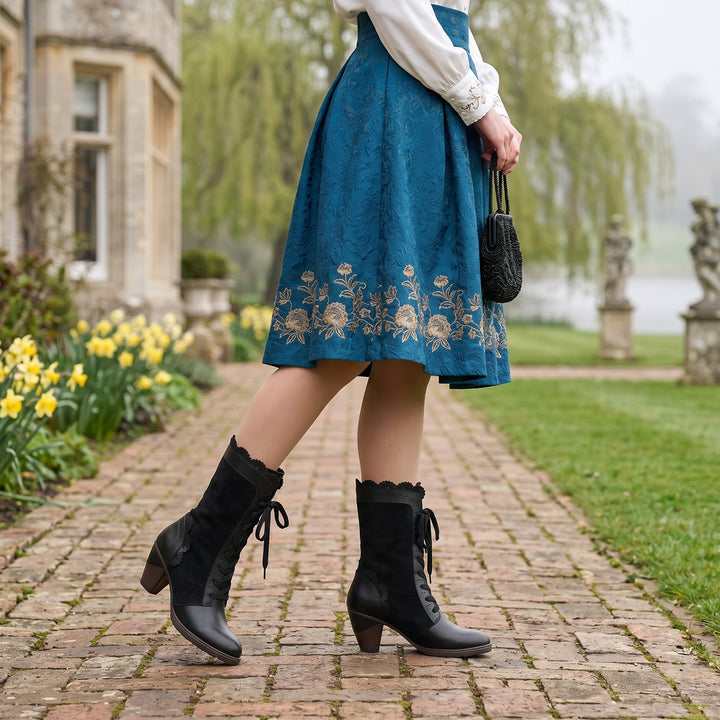 Victorian Scalloped Leather Trim Mid-Calf Boots