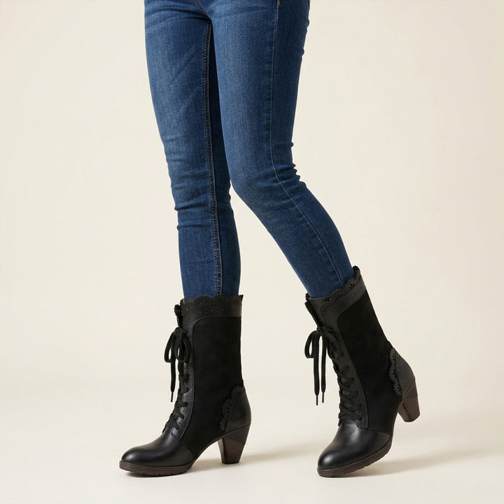 Victorian Scalloped Leather Trim Mid-Calf Boots