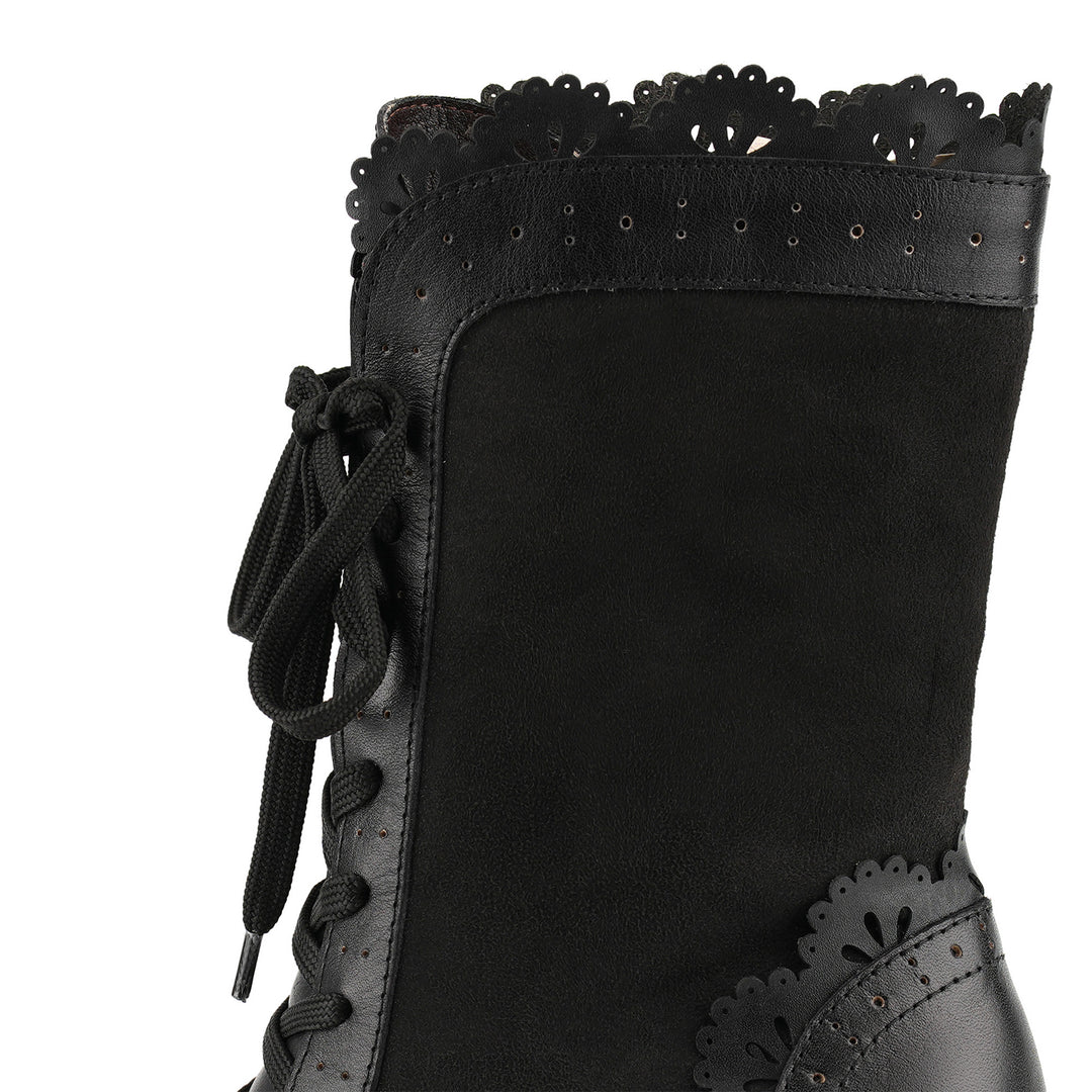 Victorian Scalloped Leather Trim Mid-Calf Boots