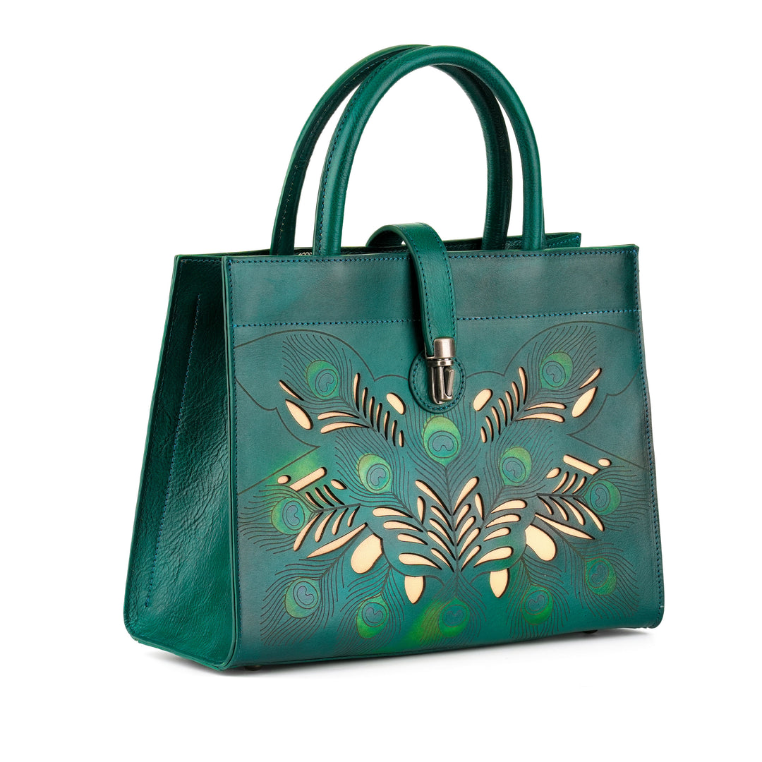 Borsa tote in pelle realizzata a mano ispirata al pavone