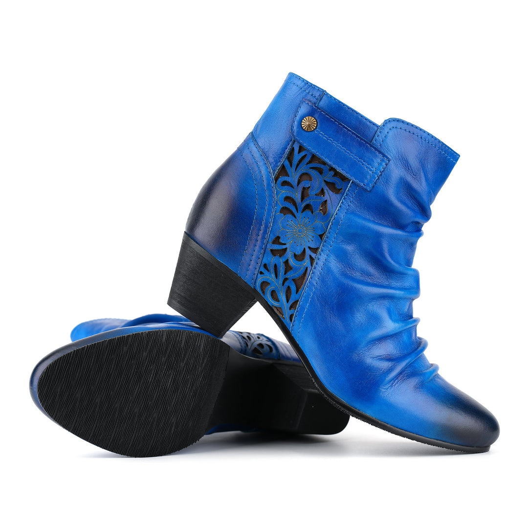 Royal Blue Leather Floral Cutouts Ankle Boots