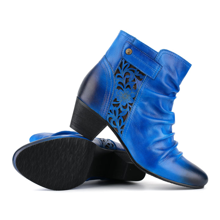 Royal Blue Leather Floral Cutouts Ankle Boots