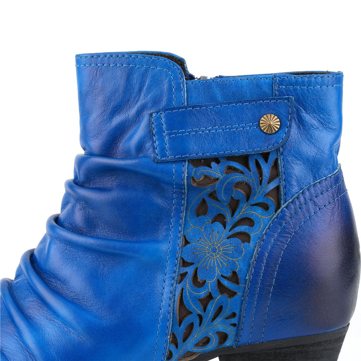 Royal Blue Leather Floral Cutouts Ankle Boots
