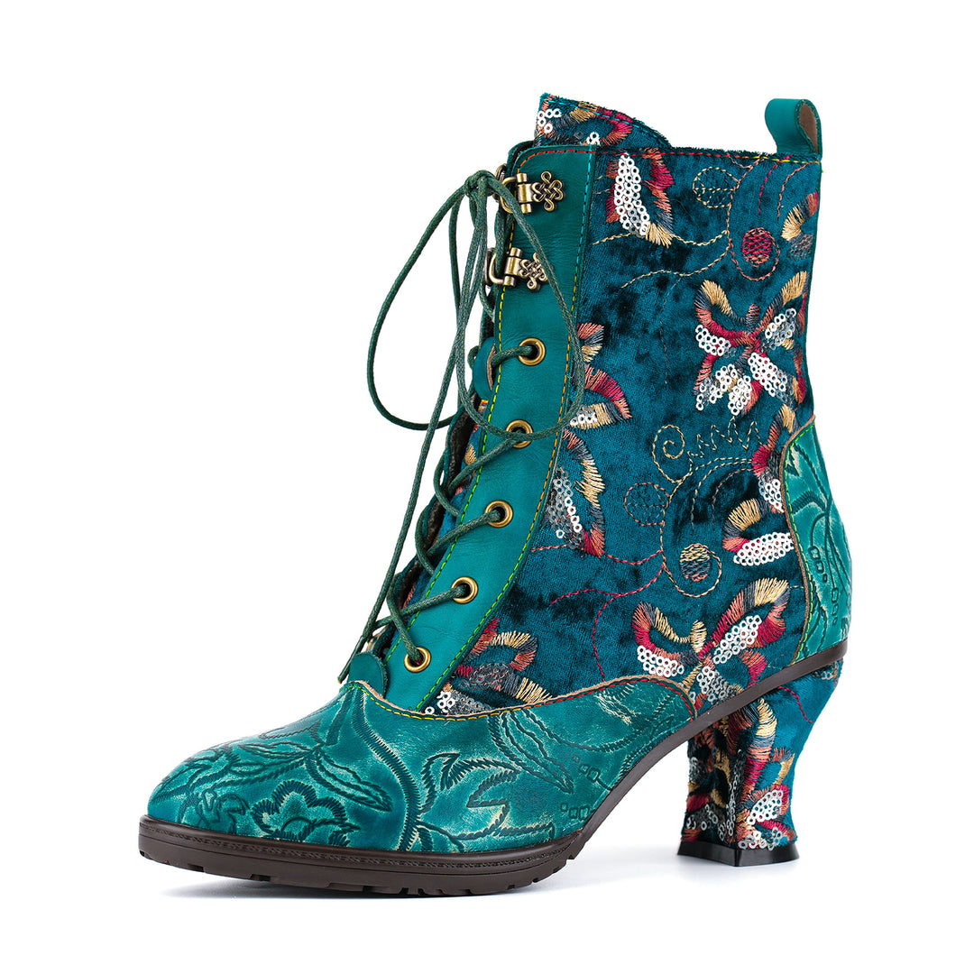 Bottines en velours brodé à motifs floraux