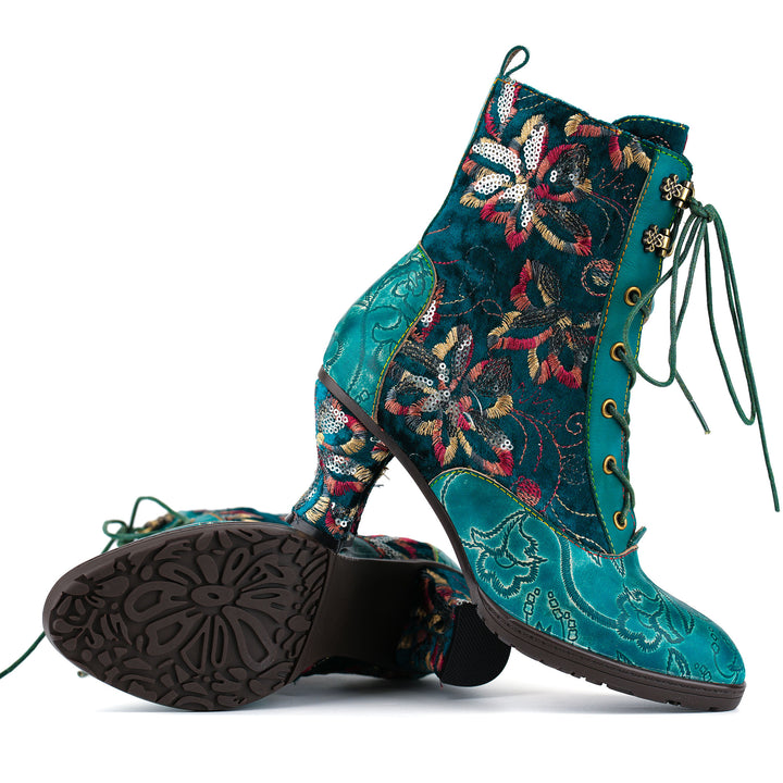 Bottines en velours brodé à motifs floraux