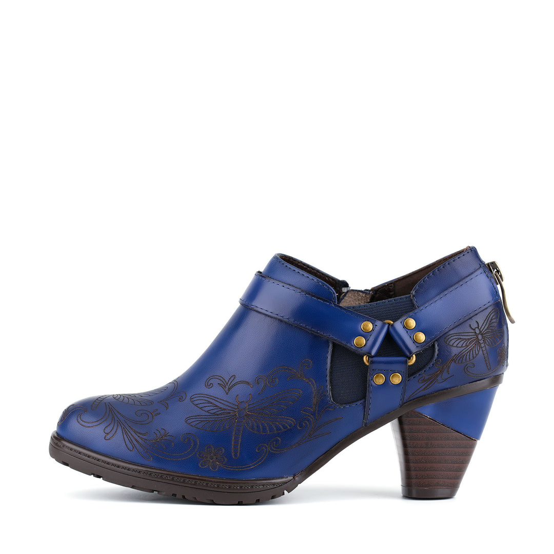 Vintage-Stiefeletten aus Leder mit Libellengravur