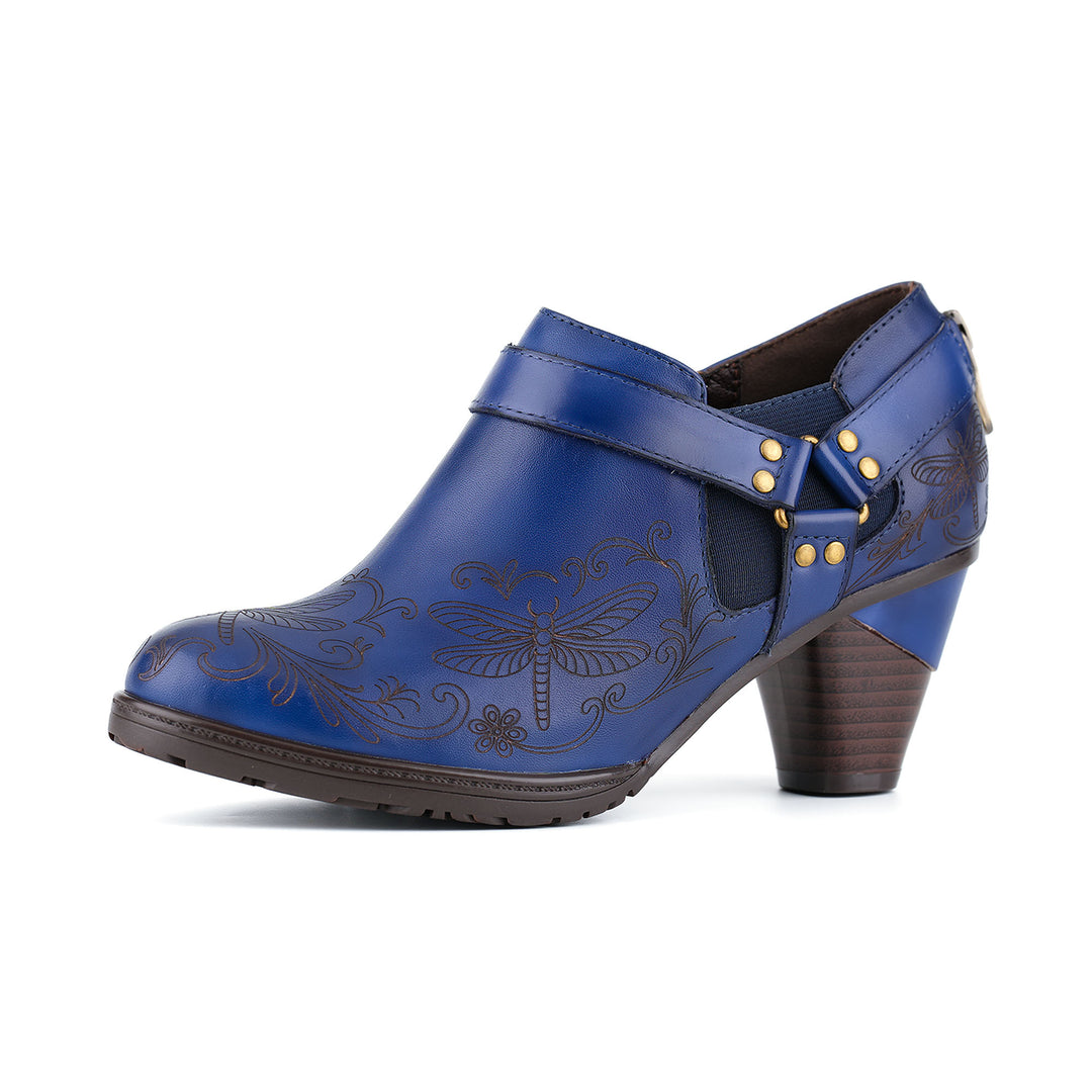 Vintage-Stiefeletten aus Leder mit Libellengravur