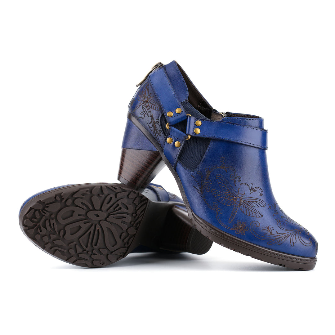 Vintage-Stiefeletten aus Leder mit Libellengravur