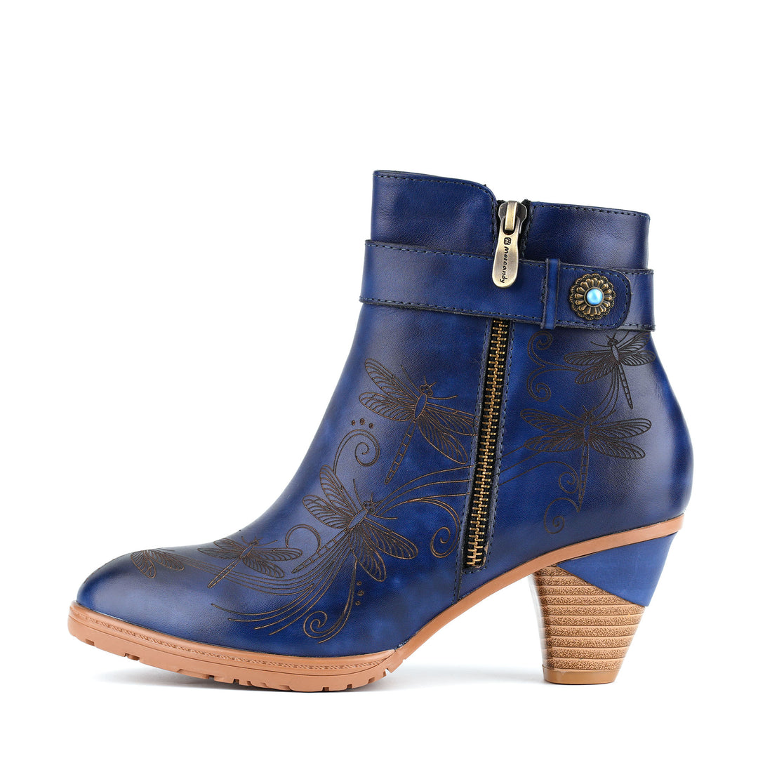 Vintage-Stiefeletten aus Leder mit Libellengravur