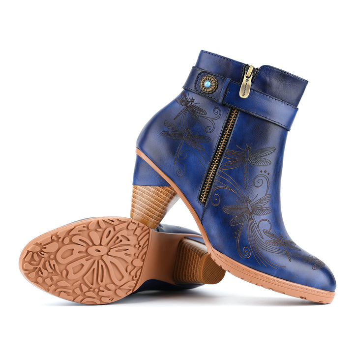 Vintage-Stiefeletten aus Leder mit Libellengravur