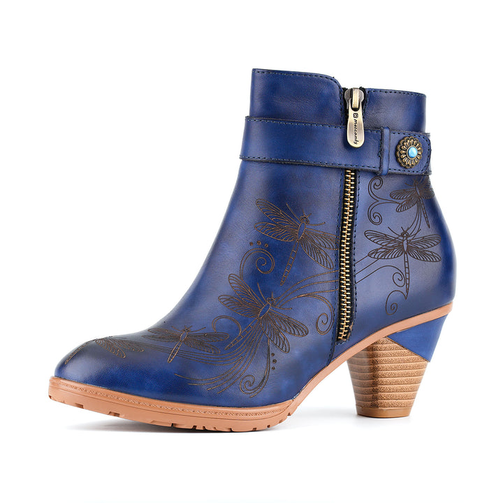 Vintage-Stiefeletten aus Leder mit Libellengravur
