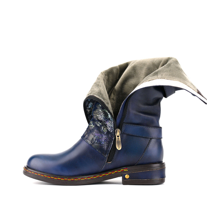 Vintage-Lederstiefel mit floralem Brokatmuster in der Mitte der Wade