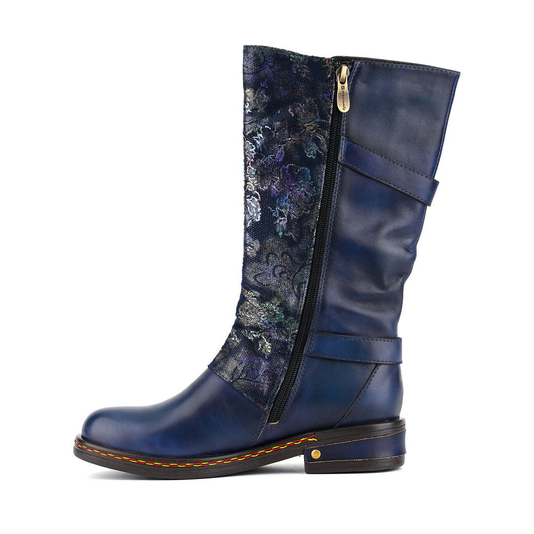 Vintage-Lederstiefel mit floralem Brokatmuster in der Mitte der Wade