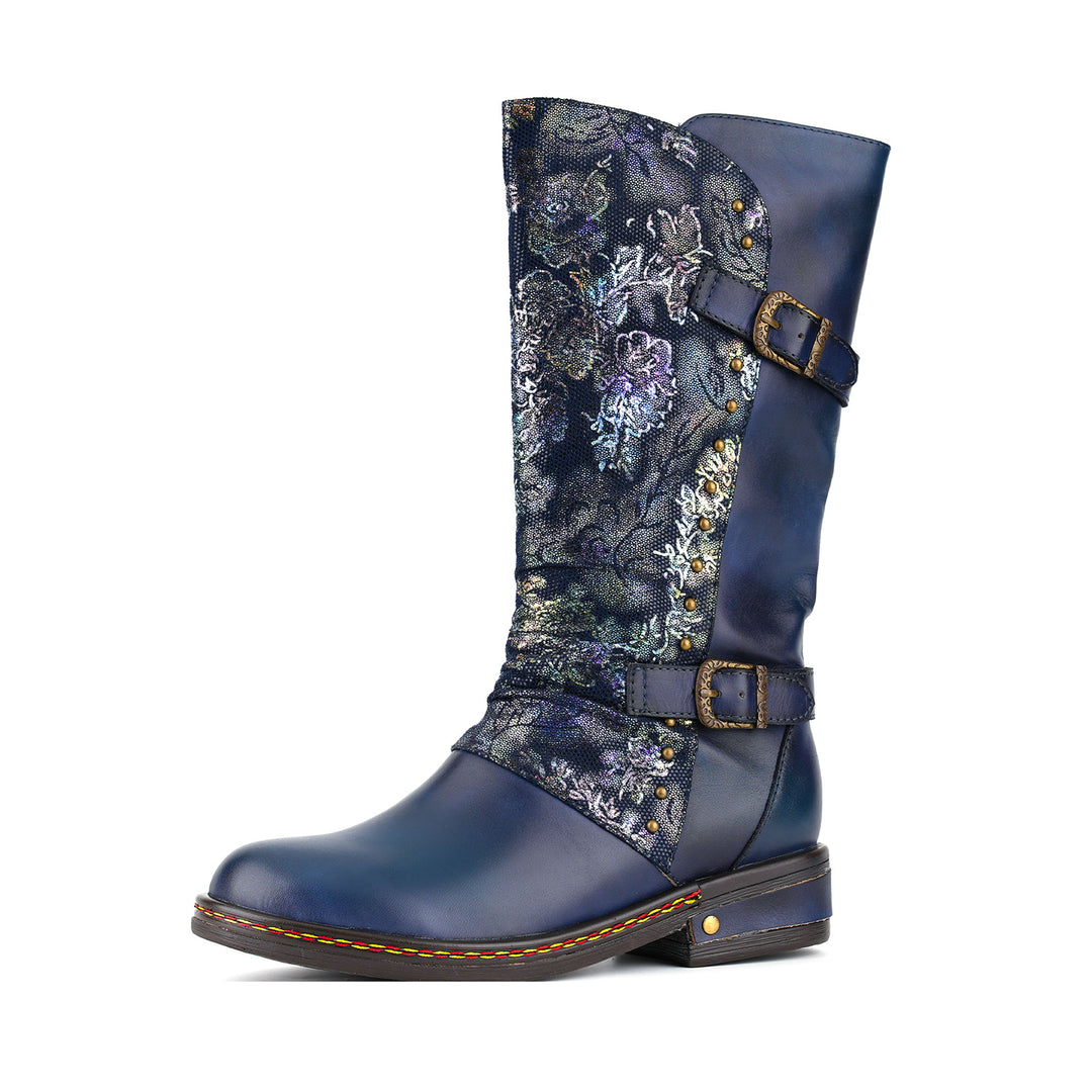 Vintage-Lederstiefel mit floralem Brokatmuster in der Mitte der Wade