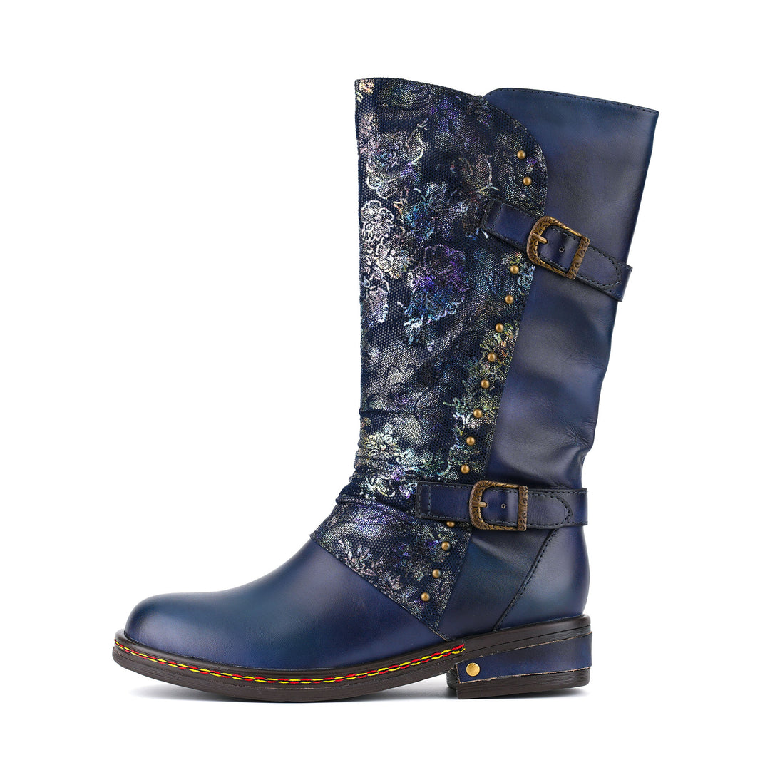Vintage-Lederstiefel mit floralem Brokatmuster in der Mitte der Wade