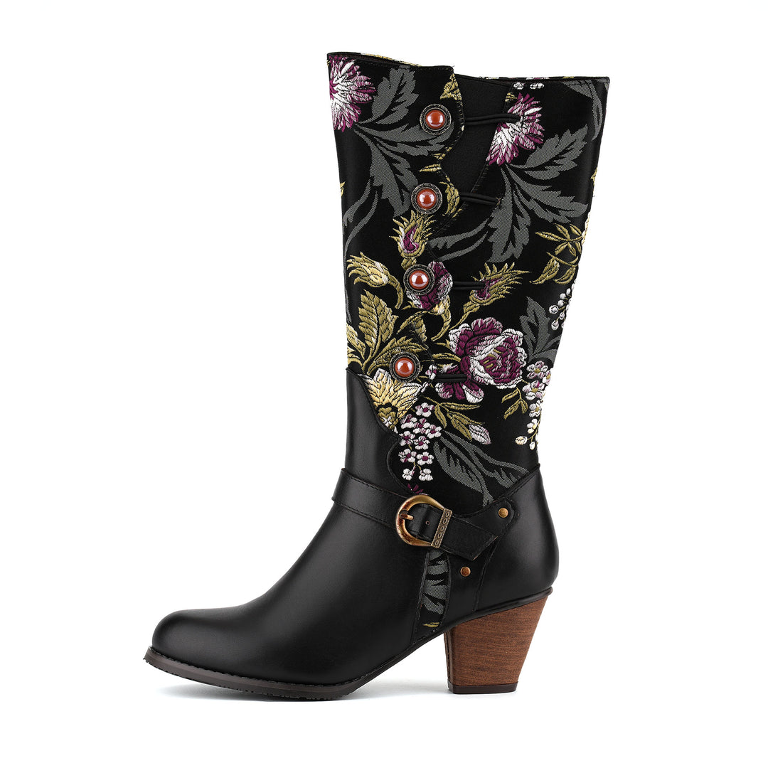 Timeless Floral Print Panel Leather Boots