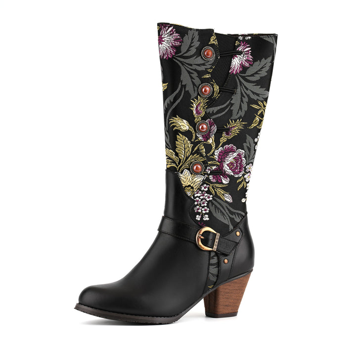 Timeless Floral Print Panel Leather Boots