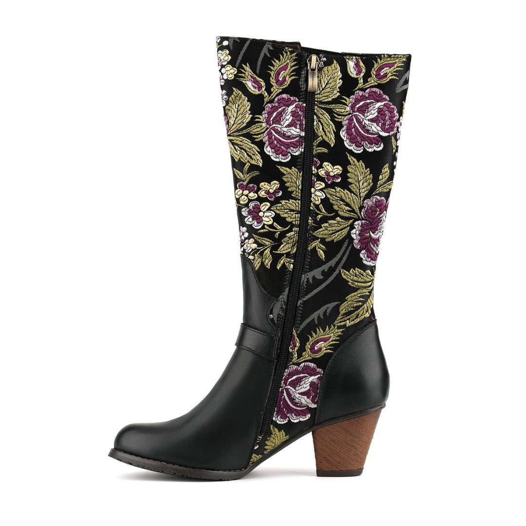 Timeless Floral Print Panel Leather Boots
