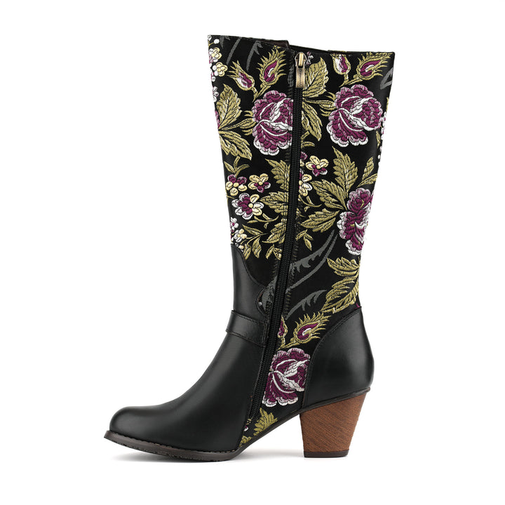 Timeless Floral Print Panel Leather Boots