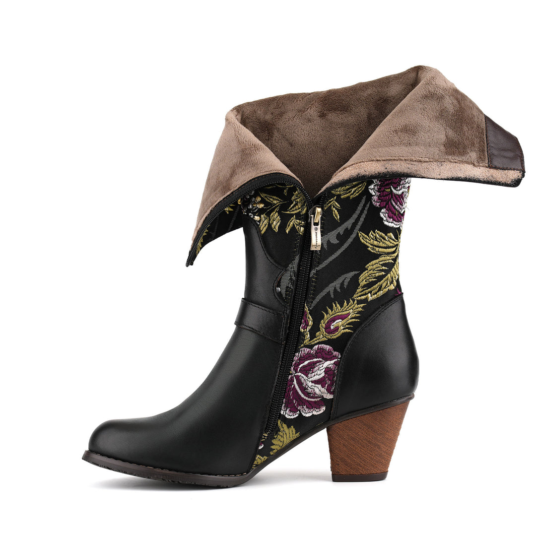 Timeless Floral Print Panel Leather Boots