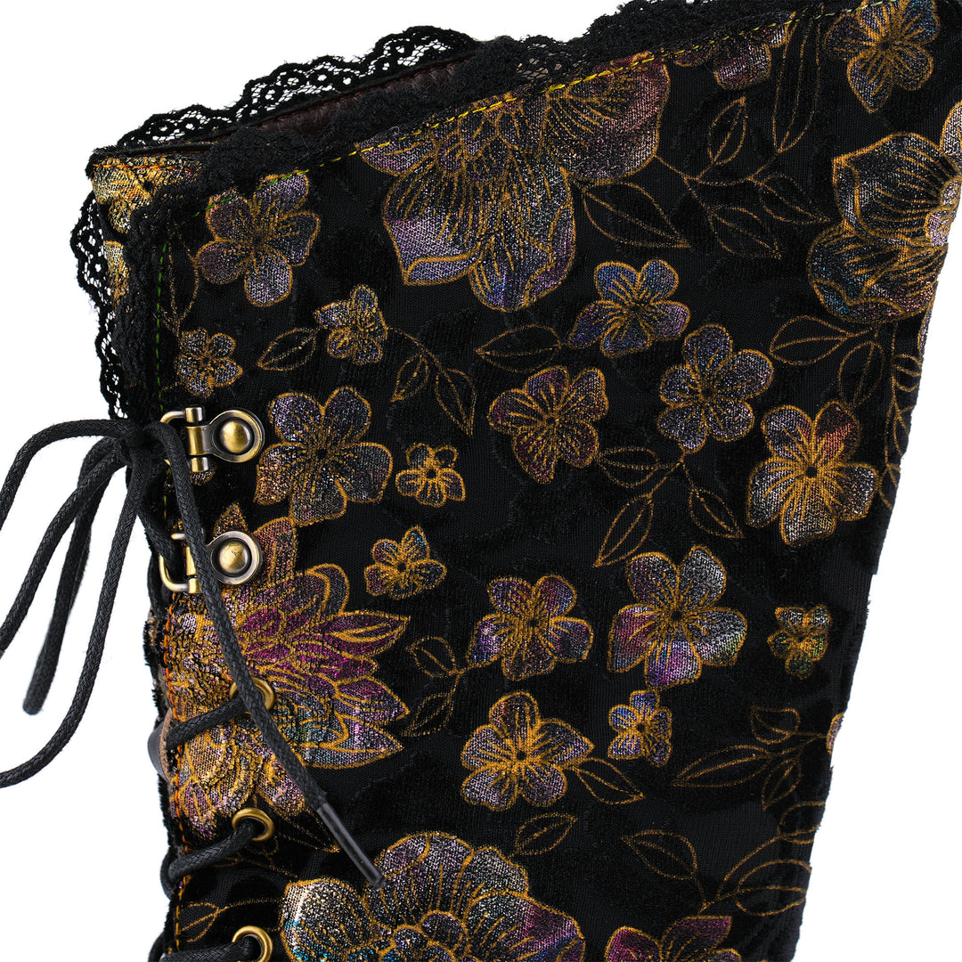Floral Velvet and Lace Trim High-Heel Boots
