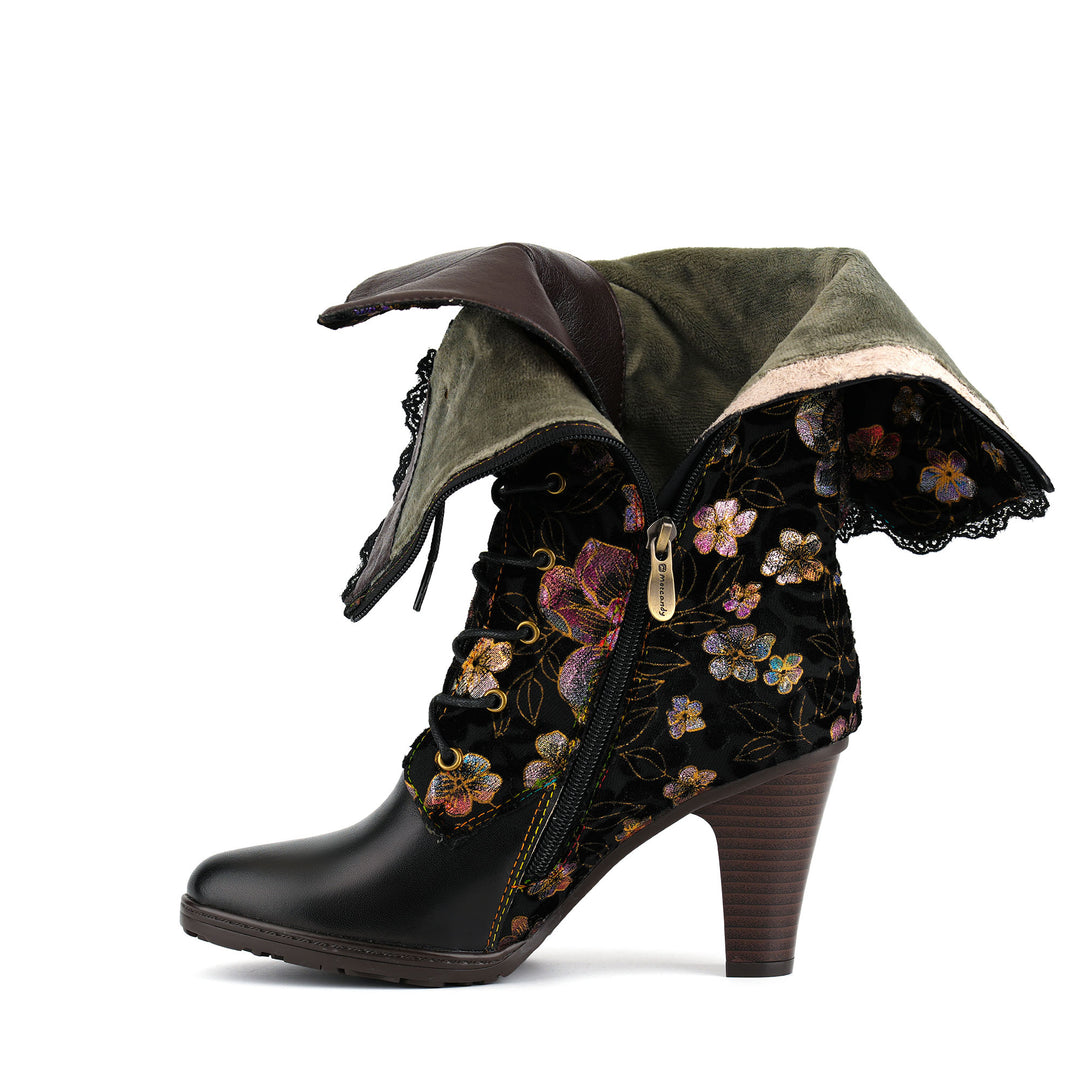 Floral Velvet and Lace Trim High-Heel Boots
