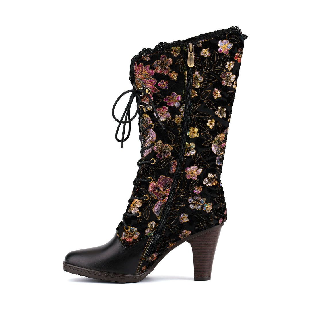 Floral Velvet and Lace Trim High-Heel Boots