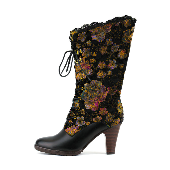 Floral Velvet and Lace Trim High-Heel Boots