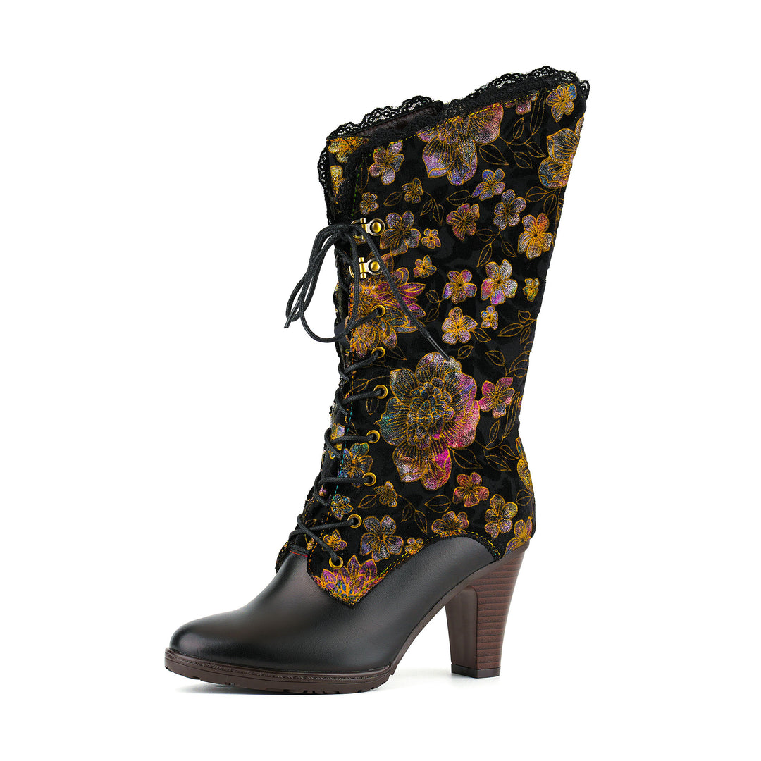 Floral Velvet and Lace Trim High-Heel Boots