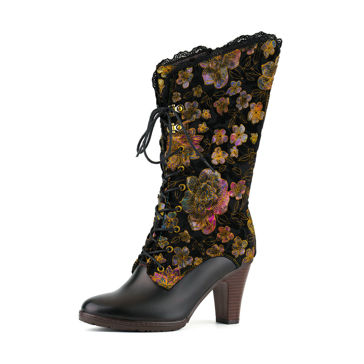 Floral Velvet and Lace Trim High-Heel Boots