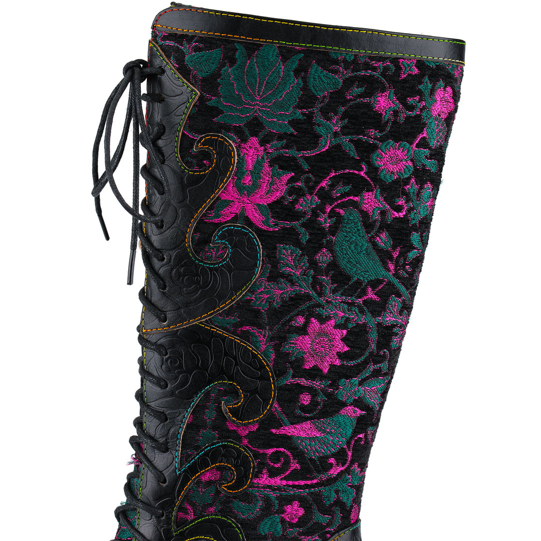 Embroidered Floral Velvet Lace-Up Boots