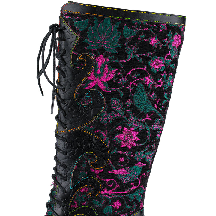 Embroidered Floral Velvet Lace-Up Boots