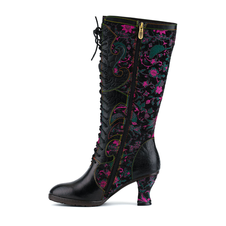 Embroidered Floral Velvet Lace-Up Boots