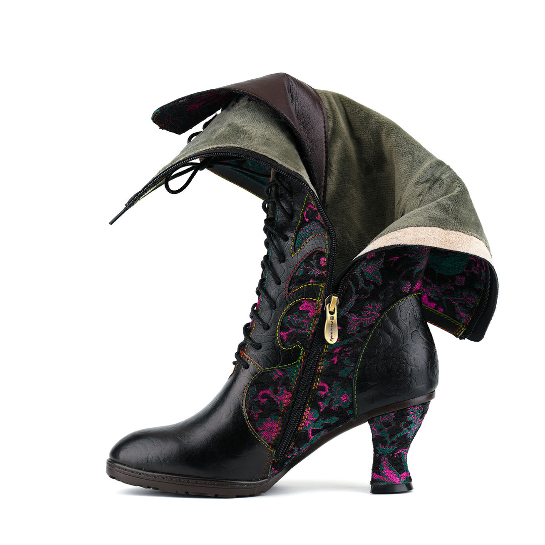 Embroidered Floral Velvet Lace-Up Boots