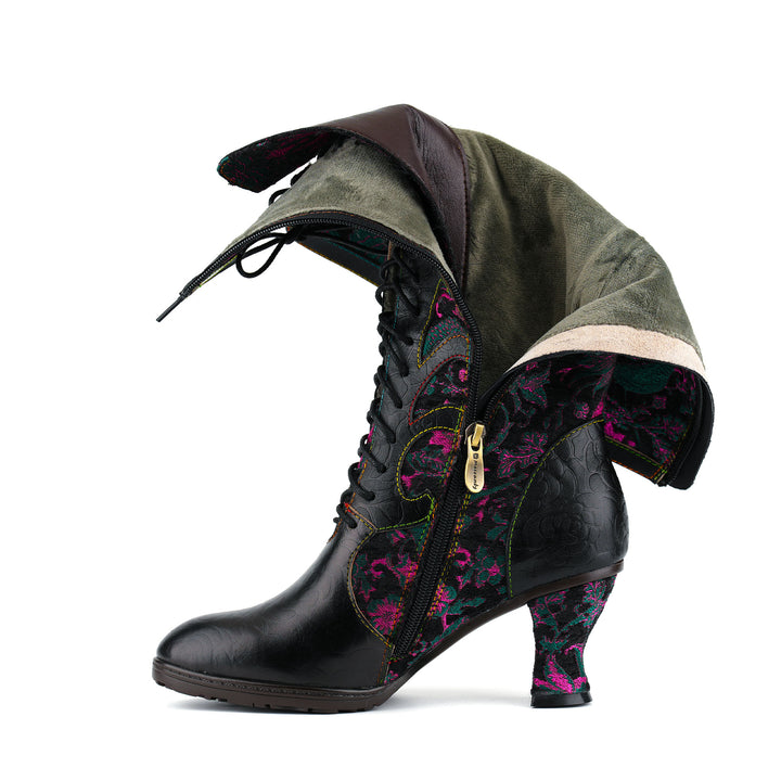 Embroidered Floral Velvet Lace-Up Boots