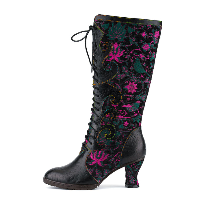 Embroidered Floral Velvet Lace-Up Boots
