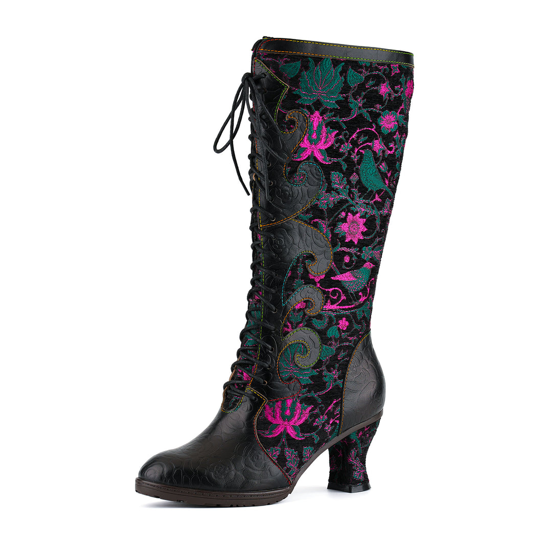 Embroidered Floral Velvet Lace-Up Boots
