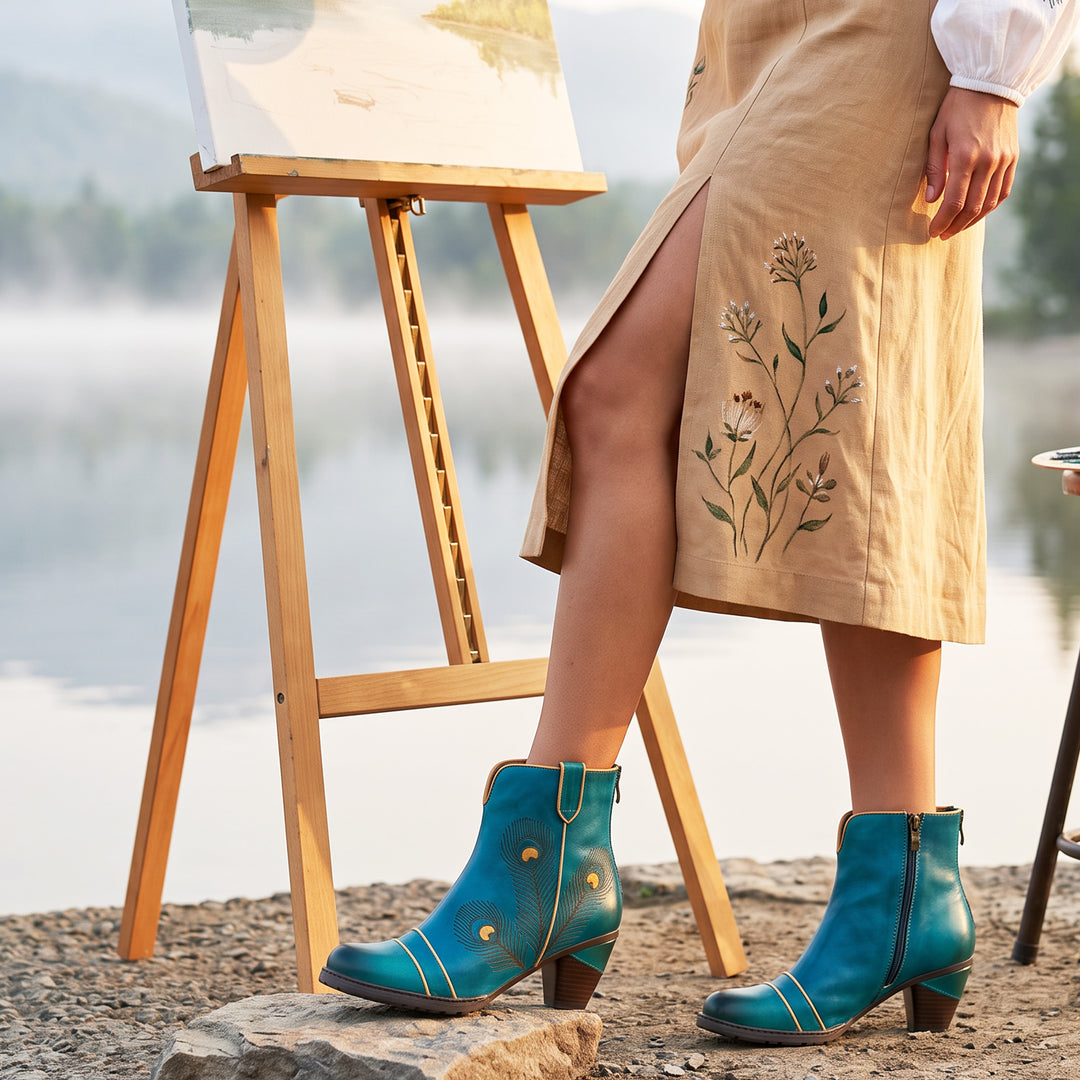 Peacock-Inspired Leather Ankle Boots