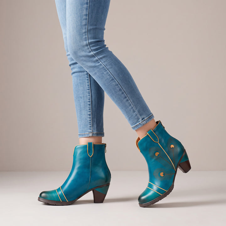 Peacock-Inspired Leather Ankle Boots