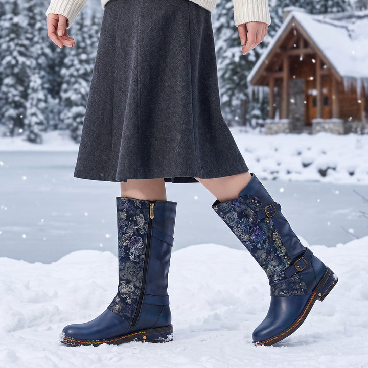 Vintage Floral Brocade Mid-Calf Leather Boots