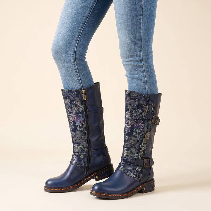 Vintage Floral Brocade Mid-Calf Leather Boots