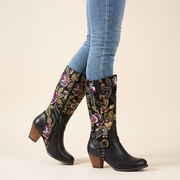 Timeless Floral Print Panel Leather Boots