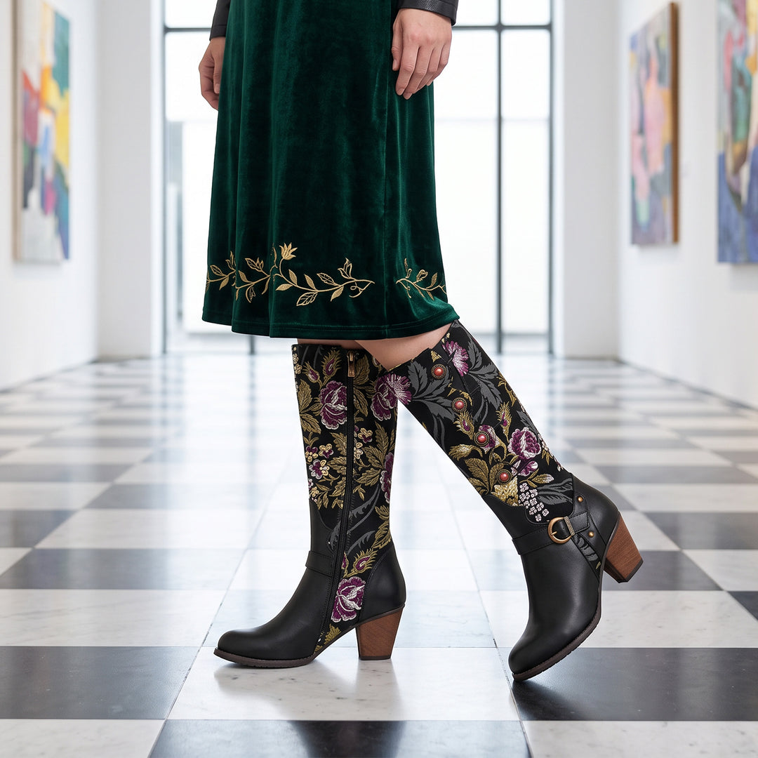 Timeless Floral Print Panel Leather Boots