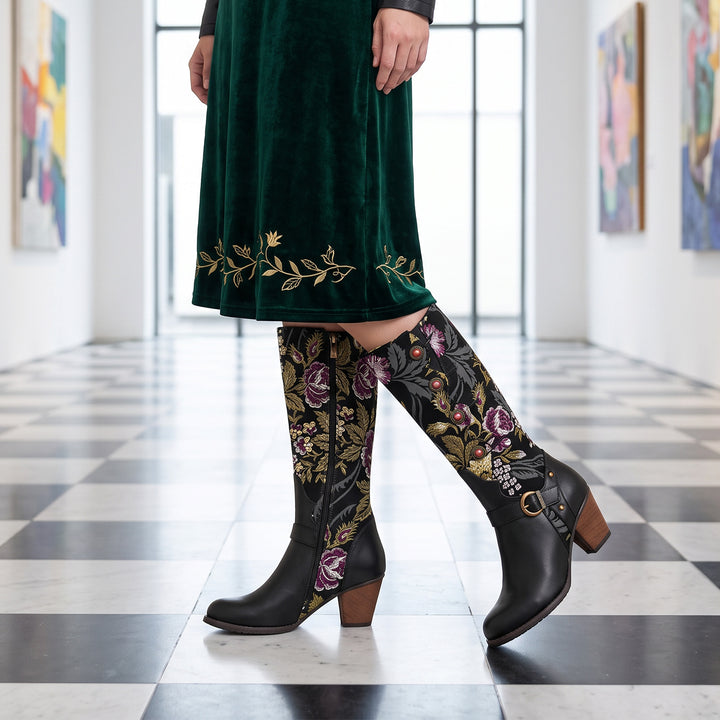 Timeless Floral Print Panel Leather Boots