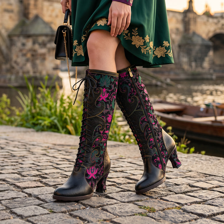 Embroidered Floral Velvet Lace-Up Boots