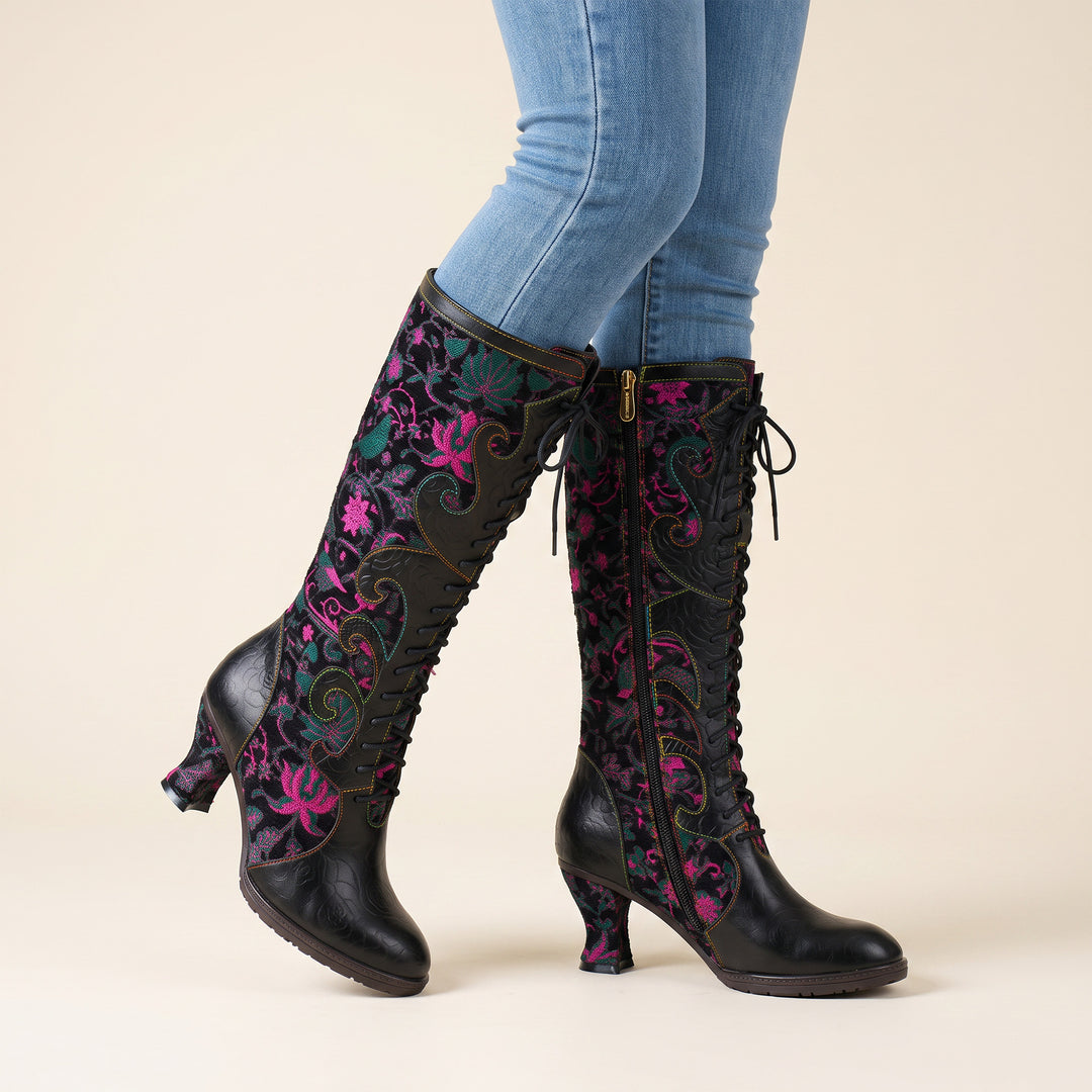 Embroidered Floral Velvet Lace-Up Boots