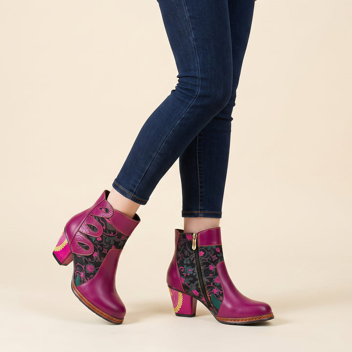 Floral Artistic Leather Ankle Boots