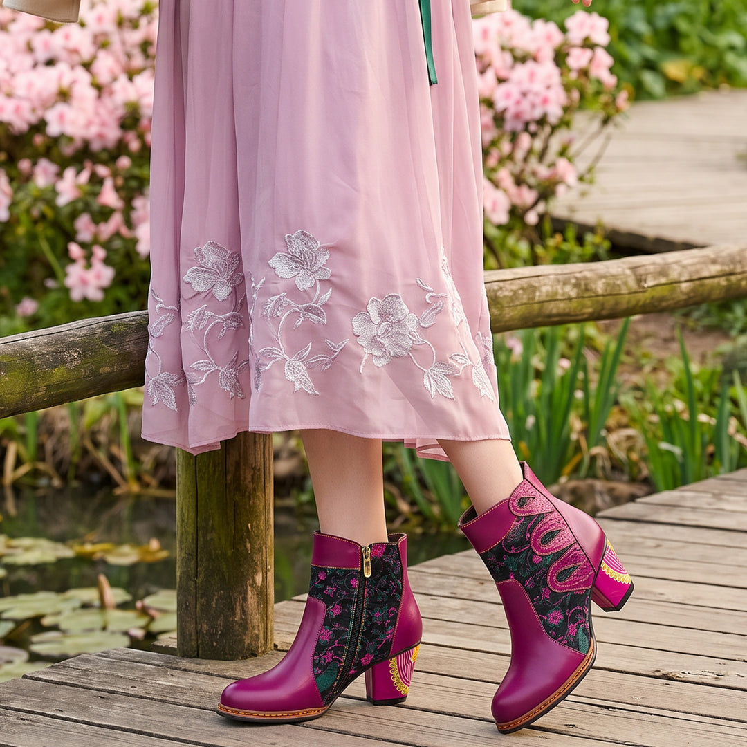 Floral Artistic Leather Ankle Boots