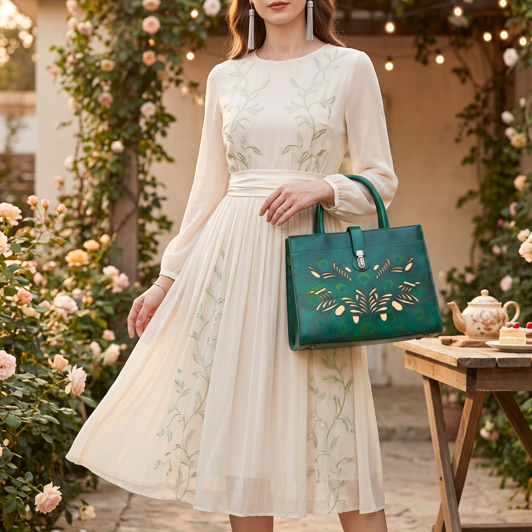 Peacock-Inspired Handcrafted Leather Tote Bag
