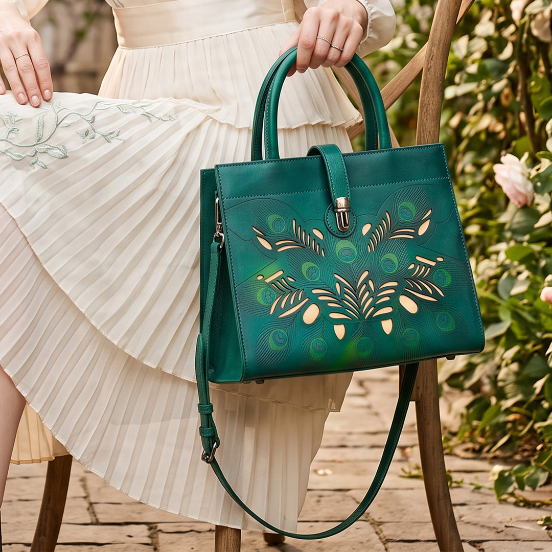 Peacock-Inspired Handcrafted Leather Tote Bag